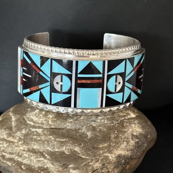 Zuni Turquoise Inlay Sterling Silver Cuff Bracelet Native Indian Handmade - Picture 6 of 10